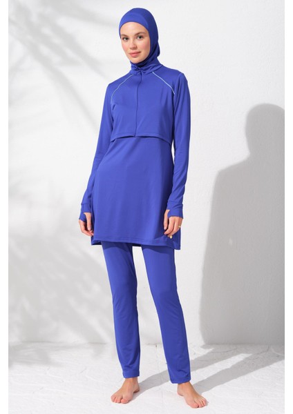231917 Saks Uzunkollu Fermuarlı Tesettür Mayo Takım