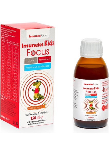 Imuneks Kids Focus L-Arjinin Fosfotidilserin Multivitamin ve Mineraller İçeren Sıvı Takviye Edici Gıda 150 ml