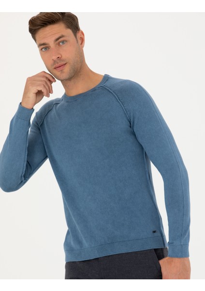Erkek Koyu Mavi Slim Fit Bisiklet Yaka Triko Kazak 50278902-VR032