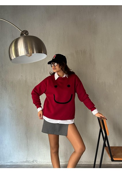 Kadın Bordo Smile Süzene Nakışlı 3 Iplik Şardonlu Geniş Kesim Sweatshirt 28313