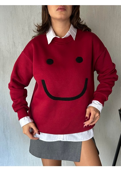 Kadın Bordo Smile Süzene Nakışlı 3 Iplik Şardonlu Geniş Kesim Sweatshirt 28313