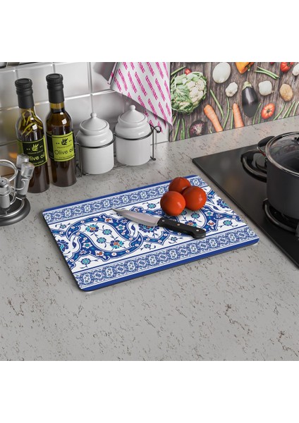 Cam Kesme Tahtası ve Sunum Tablası Çini Motif Desenli