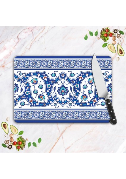 Cam Kesme Tahtası ve Sunum Tablası Çini Motif Desenli