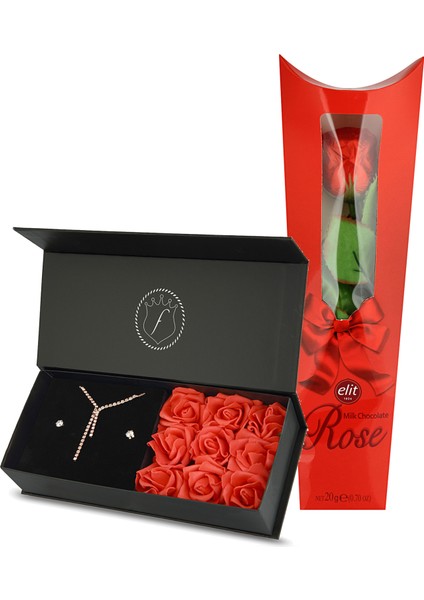 Rose Su Yolu Takı Set - Güllü Kutuda- Gül Şeklinde Çikolata Set PS2378