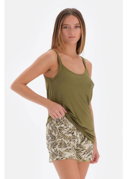 33592 Pamuklu Ip Askılı Kadın Şortlu Pijama Takımı Haki