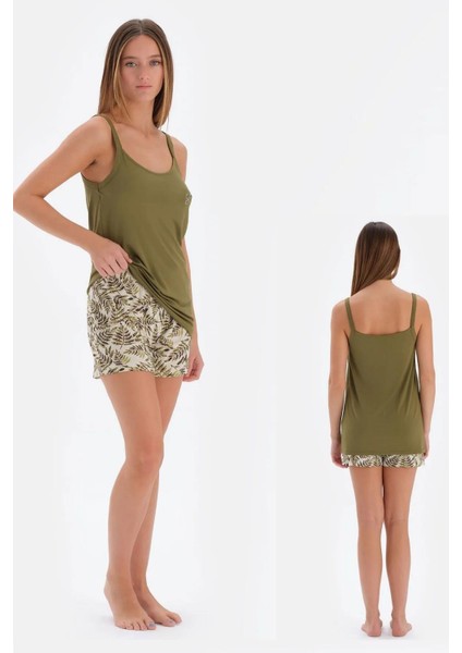 33592 Pamuklu Ip Askılı Kadın Şortlu Pijama Takımı Haki