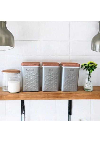 Yeni Desen Premium 3'lü Metal Çay Kahve Şeker Saklama Kavanozu -Gri