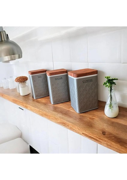Yeni Desen Premium 3'lü Metal Çay Kahve Şeker Saklama Kavanozu -Gri fiyatları