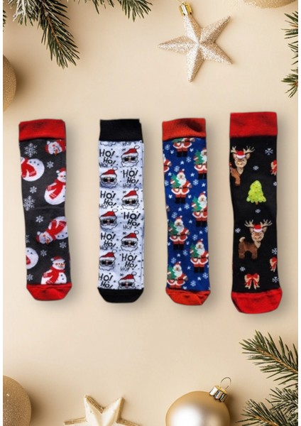 4'lü Yılbaşı Noel Christmas Temalı Unisex Soket Çorap Karışık Rengarenk Renkli