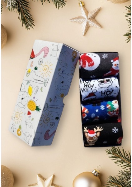 4'lü Yılbaşı Noel Christmas Temalı Unisex Soket Çorap Karışık Rengarenk Renkli fiyatları