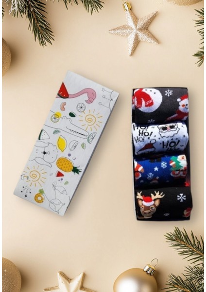 4'lü Yılbaşı Noel Christmas Temalı Unisex Soket Çorap Karışık Rengarenk Renkli modelleri