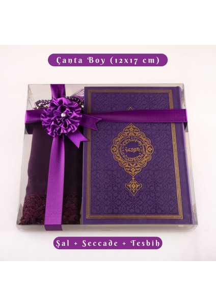 Şal + Tesbih + Kuran Hediye Seti (Çanta Boy, Termo Deri, Mor)