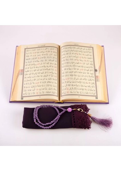 Şal + Tesbih + Kuran Hediye Seti (Çanta Boy, Termo Deri, Mor)