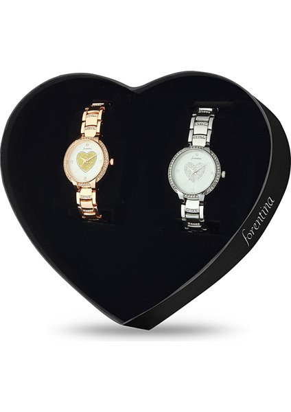Kadın Çiftli Kol Saati Set- Kalpli Kutuda Hediye Set PS2189