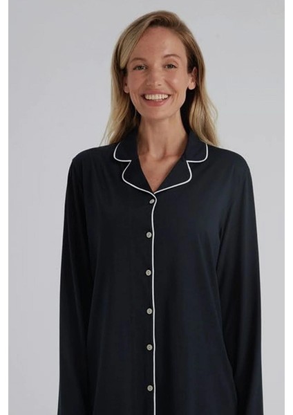 31800 Lacivert Pamuklu Önden Düğmeli Kadın Pijama Takımı