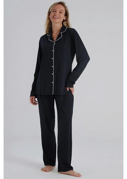 31800 Lacivert Pamuklu Önden Düğmeli Kadın Pijama Takımı fiyatları