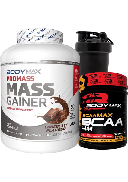 Promass Mass Gainer 3600 gr Çikolatalı + Bcaamax Bcaa 585 gr Ananaslı + Shaker Hediyeli