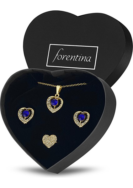 Altın Kaplama Lacivert Taşlı Kalpli Kolye Küpe Yüzük Takı Seti PS2214