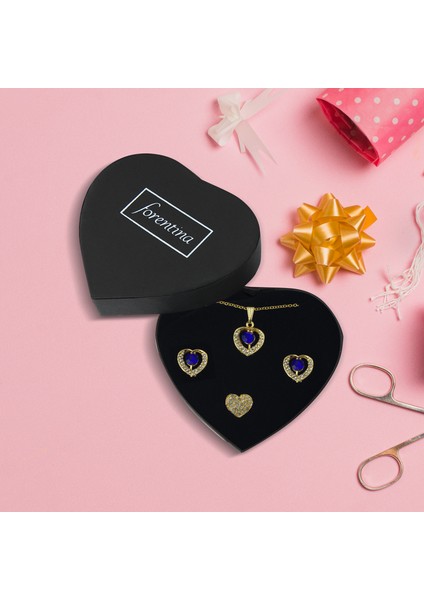 Altın Kaplama Lacivert Taşlı Kalpli Kolye Küpe Yüzük Takı Seti PS2214 fiyatları