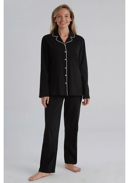 31800 Siyah Pamuklu Önden Düğmeli Kadın Pijama Takımı
