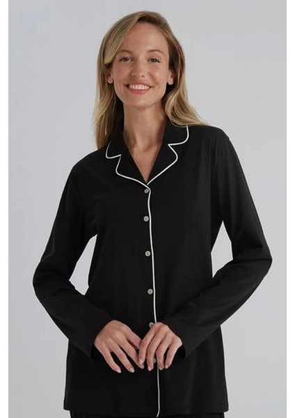 31800 Siyah Pamuklu Önden Düğmeli Kadın Pijama Takımı fiyatları