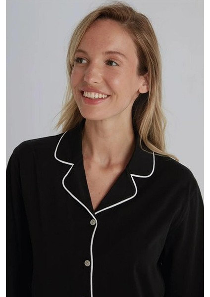 31800 Siyah Pamuklu Önden Düğmeli Kadın Pijama Takımı modelleri