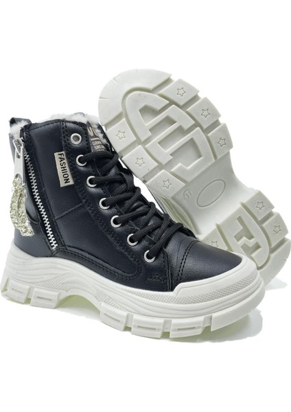 CX5428 Içi Kürklü Fermuar Detaylı Ortopedik Kız Çocuk Şık Günlük Bot Siyah Beyaz indirimleri