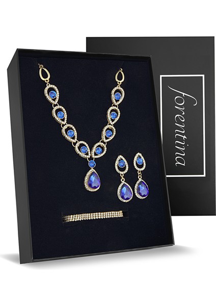 Lacivert Taşlı Kolye Küpe Bileklik Düğün Seti PS2185