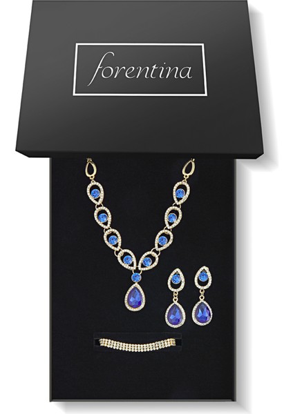 Lacivert Taşlı Kolye Küpe Bileklik Düğün Seti PS2185 fiyatları