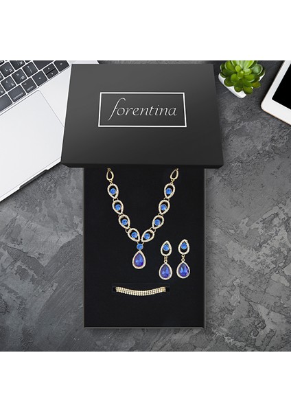 Lacivert Taşlı Kolye Küpe Bileklik Düğün Seti PS2185 modelleri