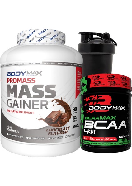 Promass Mass Gainer 3600 gr Çikolatalı + Bcaamax Bcaa 585 gr Yeşil Elmalı + Shaker Hediyeli