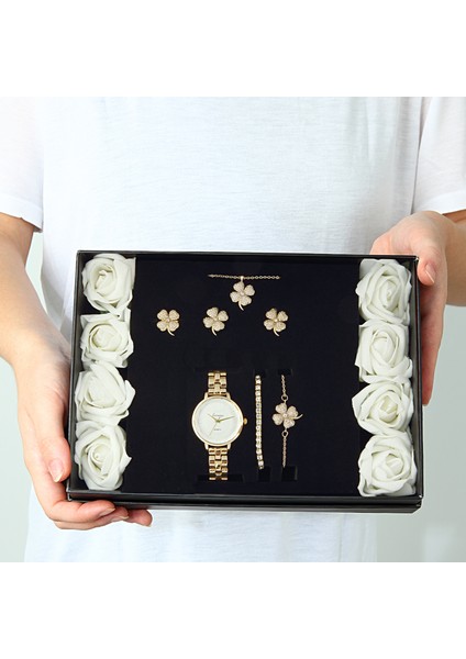 Yonca Kolye Küpe Bileklik Yüzük Saat Hediye Set PS2163