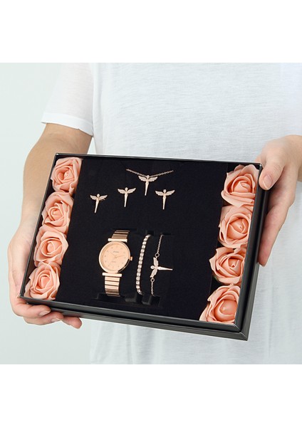 Rose Melek Kolye Küpe Bileklik Yüzük Saat Hediye Set PS2164 modelleri