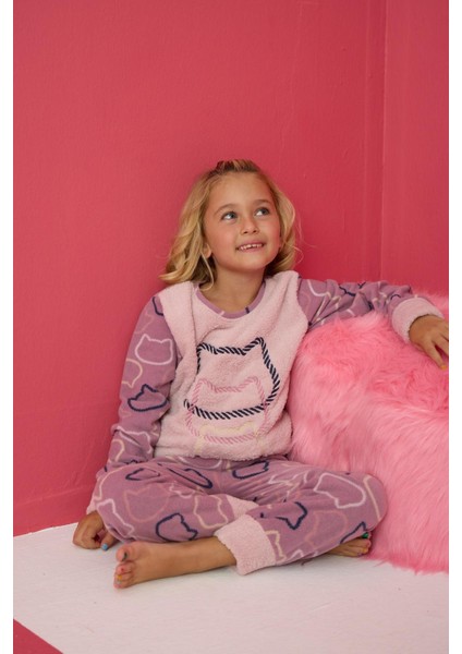 4160 Lila Polar Uzun Kollu Kız Çocuk Pijama Takımı