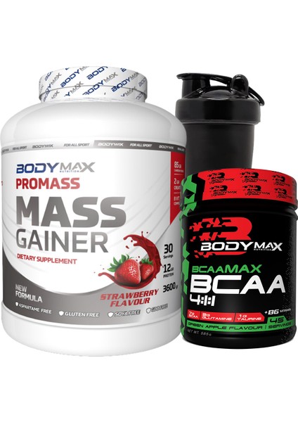 Promass Mass Gainer 3600 gr Çilekli + Bcaamax Bcaa 585 gr Yeşil Elmalı + Shaker Hediyeli