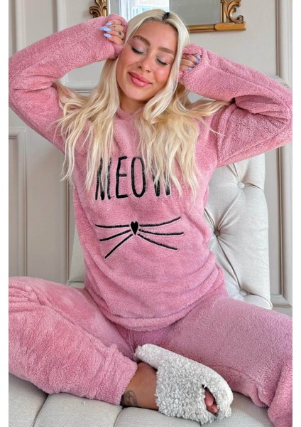 Meow Desenli Tam Peluş Pijama Takımı