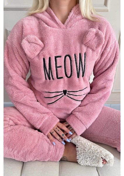 Meow Desenli Tam Peluş Pijama Takımı