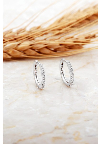 15 mm Taşlı Rodyumlu Gümüş Halka Küpe 7134