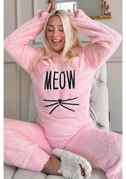 Pijamaevi Meow Desenli Tam Peluş Pijama Takımı