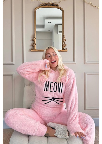 Pijamaevi Meow Desenli Tam Peluş Pijama Takımı modelleri