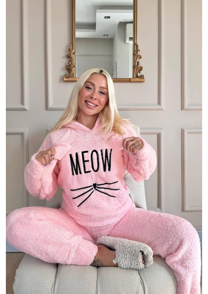 Pijamaevi Meow Desenli Tam Peluş Pijama Takımı fırsatları