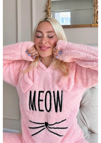 Pijamaevi Meow Desenli Tam Peluş Pijama Takımı