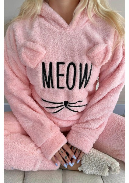 Pijamaevi Meow Desenli Tam Peluş Pijama Takımı