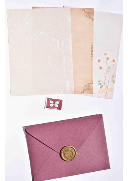 Bordo Zarflı Mühürlü Mektup Seti / Scrapbook