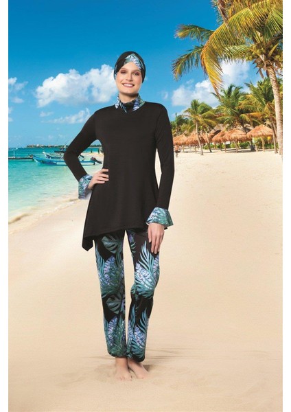 22132 Renkli Kadın Desenli Likralı Tesettür Mayo