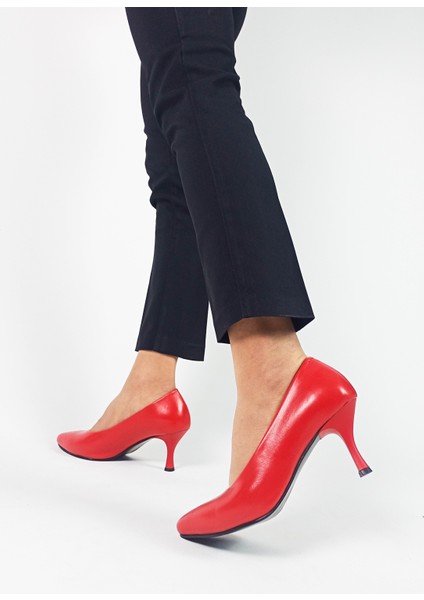 Hakiki Deri Kırmızı Renk Alçak Topuk Kadın Stiletto modelleri