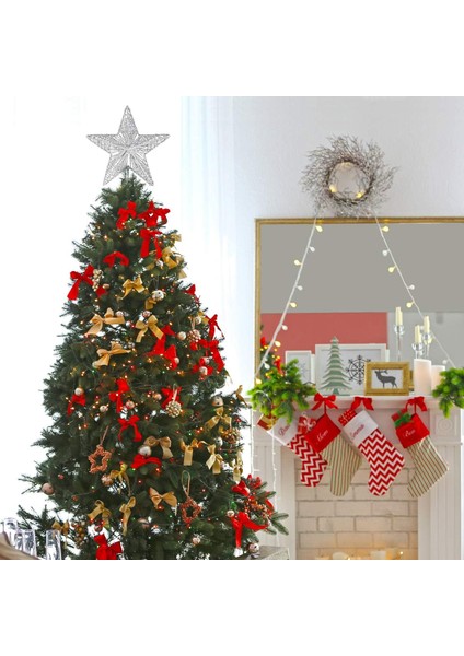 Yılbaşı Çam Ağacı Tepeliği Yıldızı Simli Yaylı Metal Gümüş 27 cm modelleri