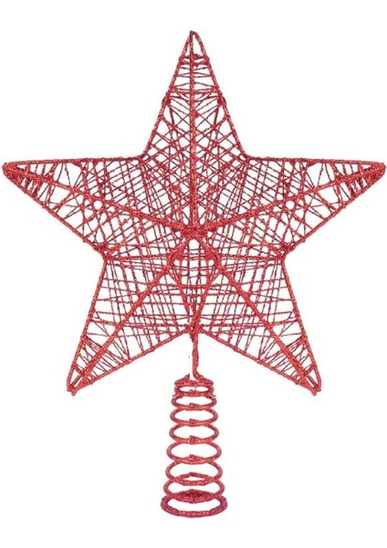 Yılbaşı Çam Ağacı Tepeliği Yıldızı Simli Yaylı Metal Kırmızı 27 cm
