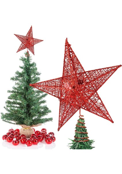 Yılbaşı Çam Ağacı Tepeliği Yıldızı Simli Yaylı Metal Kırmızı 27 cm fiyatları
