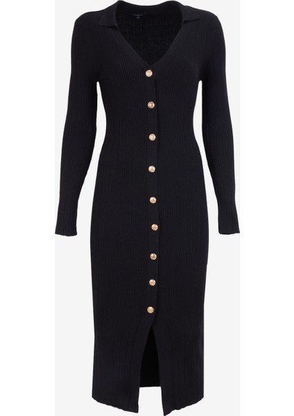 V Yaka Siyah Kadın Midi Elbise F4WL-ELB0363